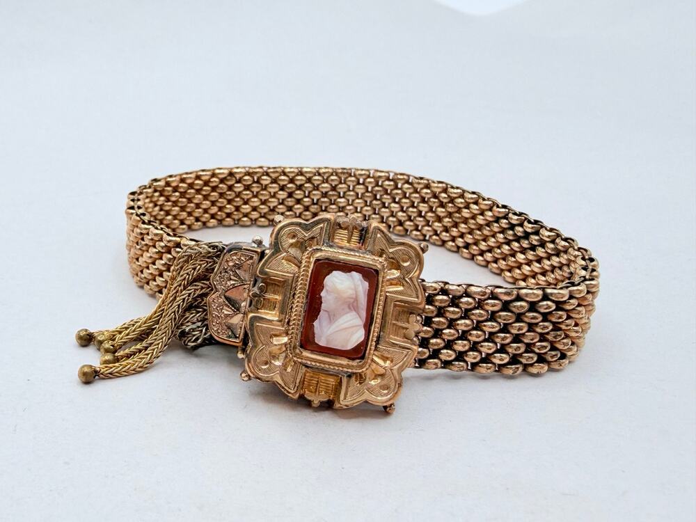 Antique Victorian 1873 Patented Gold Filled Mesh Slide Garter Bracelet Cameo